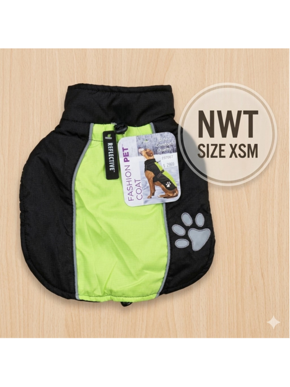 Fashion Pet Sporty Jacket Dog Coat Black Green Reflective Paw Size XSM NWT 2023